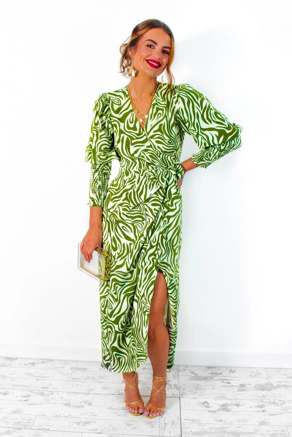Glamorous Drive 'Em Wild - Olive Green White Zebra Print Midi Wrap Dress 2 Glamorous Drive 'Em Wild - Olive Green White Zebra Print Midi Wrap Dress - Image 2