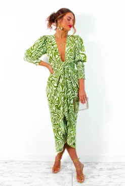 Glamorous Drive 'Em Wild - Olive Green White Zebra Print Midi Wrap Dress