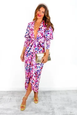Glamorous Drive 'Em Wild - Pink Purple Spotted Midi Wrap Dress -Glamoros Clothing Shop Drive EmWild PinkPurpleSpottedMidiWrapDress
