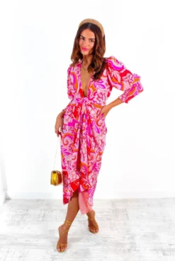 Glamorous Drive Em Wild - Pink Red Paisley Print Midi Wrap Dress