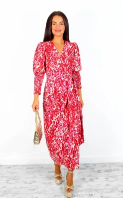 Glamorous Drive Em Wild - Red Beige Animal Print Midi Wrap Dress -Glamoros Clothing Shop Drive EmWild RedBeigeAnimalPrintMidiWrapDress 2