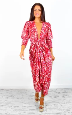 Glamorous Drive Em Wild - Red Beige Animal Print Midi Wrap Dress -Glamoros Clothing Shop Drive EmWild RedBeigeAnimalPrintMidiWrapDress 6