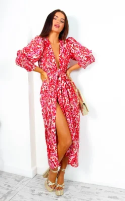 Glamorous Drive Em Wild - Red Beige Animal Print Midi Wrap Dress -Glamoros Clothing Shop Drive EmWild RedBeigeAnimalPrintMidiWrapDress 7