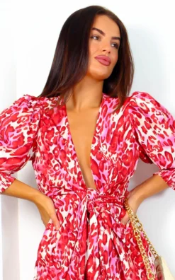 Glamorous Drive Em Wild - Red Beige Animal Print Midi Wrap Dress -Glamoros Clothing Shop Drive EmWild RedBeigeAnimalPrintMidiWrapDress 8