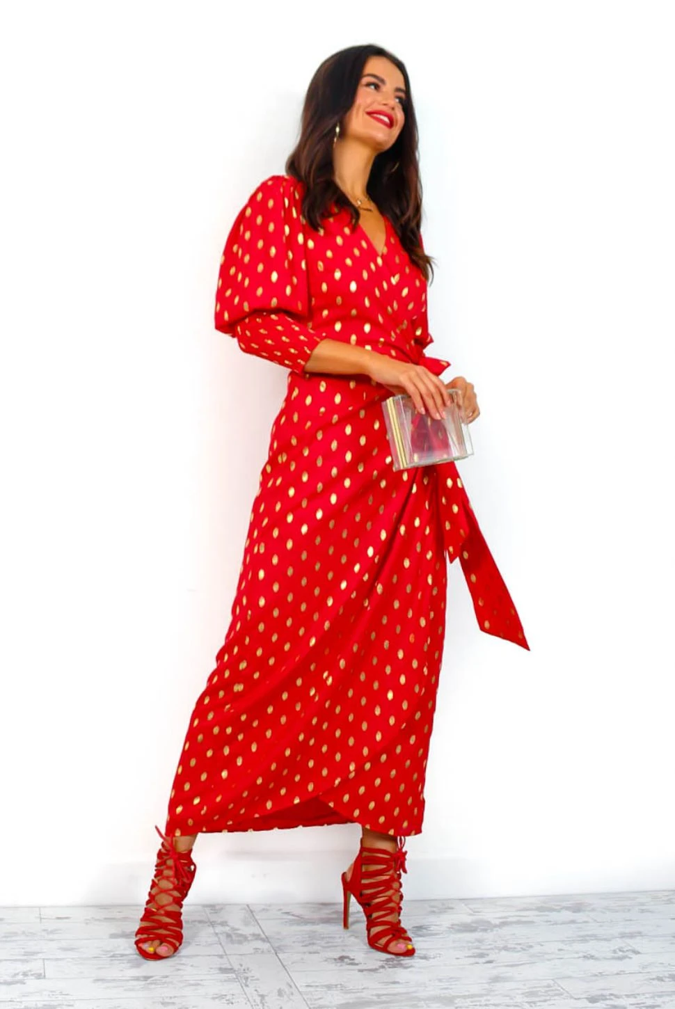 Glamorous Drive 'Em Wild - Red Gold Foil Spot Midi Wrap Dress 13 Glamorous Drive 'Em Wild - Red Gold Foil Spot Midi Wrap Dress - Image 13