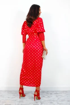Glamorous Drive 'Em Wild - Red Gold Foil Spot Midi Wrap Dress 22 Glamorous Drive 'Em Wild - Red Gold Foil Spot Midi Wrap Dress -Glamoros Clothing Shop Drive EmWild RedGoldFoilSpotMidiWrapDress5