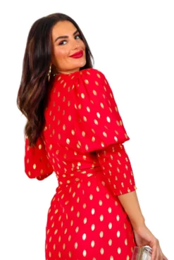 Glamorous Drive 'Em Wild - Red Gold Foil Spot Midi Wrap Dress 23 Glamorous Drive 'Em Wild - Red Gold Foil Spot Midi Wrap Dress -Glamoros Clothing Shop Drive EmWild RedGoldFoilSpotMidiWrapDress6