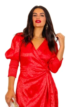 Glamorous Drive Em Wild - Red Leopard Jacquard Midi Wrap Dress -Glamoros Clothing Shop Drive EmWild RedLeopardJacquardMidiWrapDress3