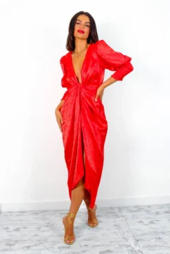 Glamorous Drive Em Wild - Red Leopard Jacquard Midi Wrap Dress