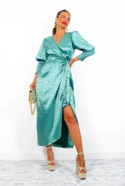 Glamorous Drive Em Wild - Sea Green Satin Leopard Jacquard Midi Wrap Dress -Glamoros Clothing Shop Drive EmWild SeaGreenSatinLeopardJacquardMidiWrapDress1