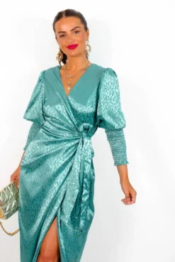 Glamorous Drive Em Wild - Sea Green Satin Leopard Jacquard Midi Wrap Dress -Glamoros Clothing Shop Drive EmWild SeaGreenSatinLeopardJacquardMidiWrapDress2