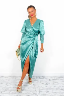 Glamorous Drive Em Wild - Sea Green Satin Leopard Jacquard Midi Wrap Dress -Glamoros Clothing Shop Drive EmWild SeaGreenSatinLeopardJacquardMidiWrapDress3