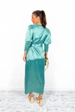 Glamorous Drive Em Wild - Sea Green Satin Leopard Jacquard Midi Wrap Dress -Glamoros Clothing Shop Drive EmWild SeaGreenSatinLeopardJacquardMidiWrapDress4