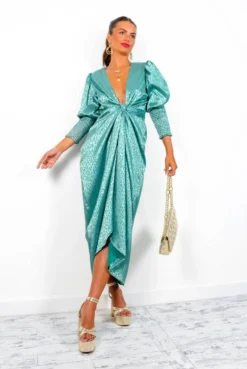 Glamorous Drive Em Wild - Sea Green Satin Leopard Jacquard Midi Wrap Dress -Glamoros Clothing Shop Drive EmWild SeaGreenSatinLeopardJacquardMidiWrapDress5
