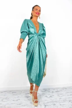 Glamorous Drive Em Wild - Sea Green Satin Leopard Jacquard Midi Wrap Dress -Glamoros Clothing Shop Drive EmWild SeaGreenSatinLeopardJacquardMidiWrapDress6