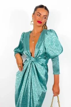 Glamorous Drive Em Wild - Sea Green Satin Leopard Jacquard Midi Wrap Dress