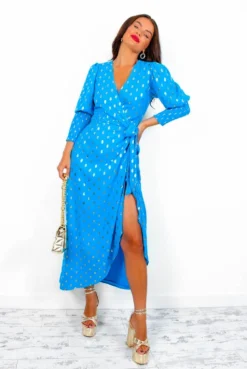 Glamorous Drive 'Em Wild - Teal Gold Foil Spot Midi Wrap Dress -Glamoros Clothing Shop Drive EmWild TealGoldFoilSpotMidiWrapDress6