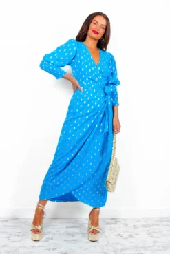 Glamorous Drive 'Em Wild - Teal Gold Foil Spot Midi Wrap Dress -Glamoros Clothing Shop Drive EmWild TealGoldFoilSpotMidiWrapDress8