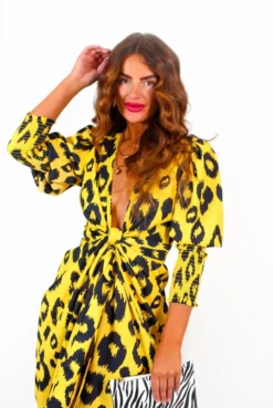 Glamorous Drive 'Em Wild - Yellow Black Animal Print Midi Wrap Dress -Glamoros Clothing Shop Drive EmWild YellowBlackAnimalPrintMidiWrapDress