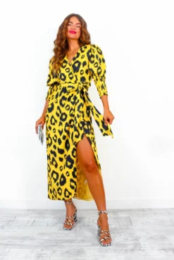 Glamorous Drive 'Em Wild - Yellow Black Animal Print Midi Wrap Dress -Glamoros Clothing Shop Drive EmWild YellowBlackAnimalPrintMidiWrapDress 5