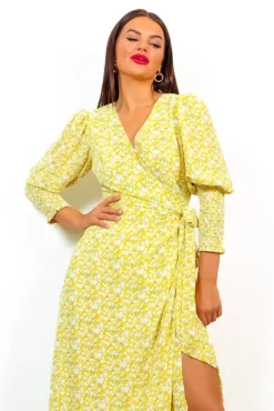 Drive Em Wild - Yellow Ditsy Floral Midi Wrap Dress -Glamoros Clothing Shop Drive EmWild YellowDitsyFloralMidiWrapDress 1