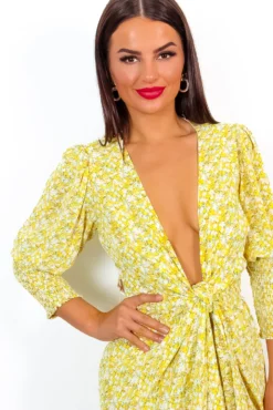 Drive Em Wild - Yellow Ditsy Floral Midi Wrap Dress -Glamoros Clothing Shop Drive EmWild YellowDitsyFloralMidiWrapDress 7