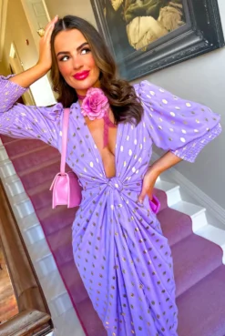 Glamorous Drive 'Em Wild - Lilac Gold Foil Spot Midi Wrap Dress