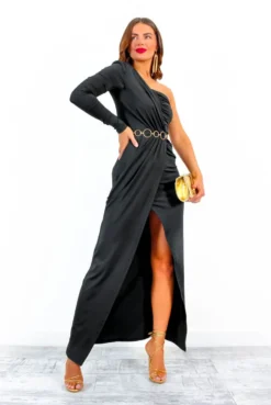 Elegance Is Key - Black One Shoulder Midi Dress -Glamoros Clothing Shop EleganceIsKey BlackOneShoulderMidiDress 1