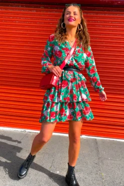 End In Tiers - Green Red Floral Mini Dress