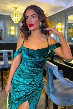 Epitome Of Elegance - Forest Velvet Cowl Neck Midi Dress -Glamoros Clothing Shop Epitome Of Elegance Forest Velvet Cowl Neck Midi Dress 1