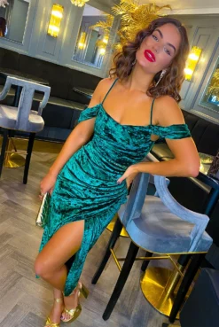 Epitome Of Elegance - Forest Velvet Cowl Neck Midi Dress -Glamoros Clothing Shop Epitome Of Elegance Forest Velvet Cowl Neck Midi Dress