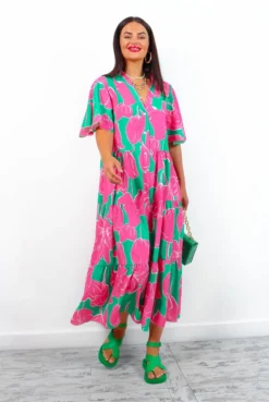 Fleur Damour - Green Pink Floral Midi Shirt Dress 11 Fleur Damour - Green Pink Floral Midi Shirt Dress -Glamoros Clothing Shop FLEURD AMOUR GreenPinkFloralMidiShirtDress3