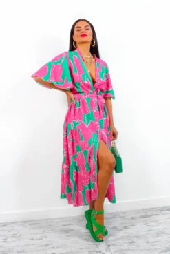 Fleur Damour - Green Pink Floral Midi Shirt Dress
