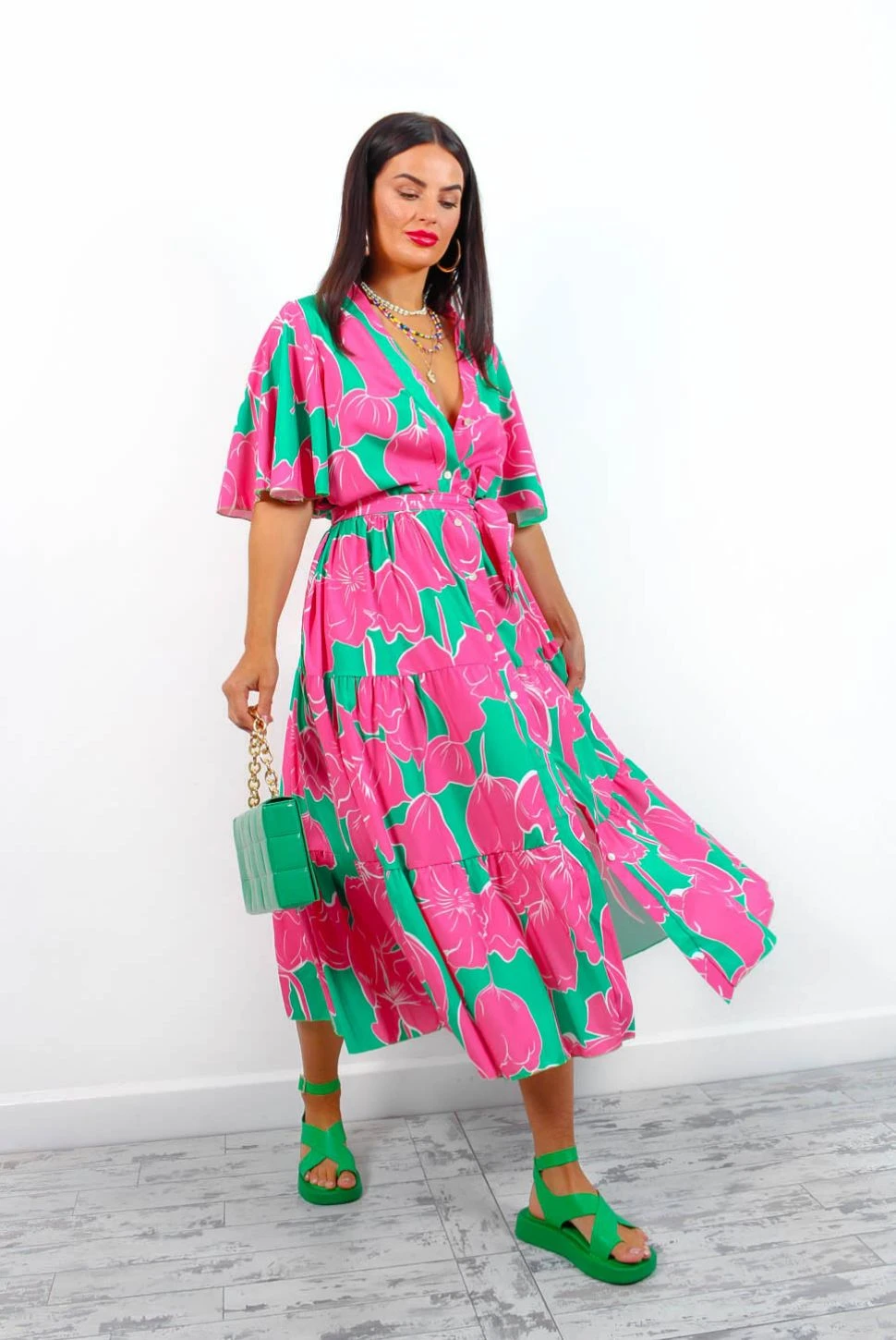 Fleur Damour - Green Pink Floral Midi Shirt Dress 3 Fleur Damour - Green Pink Floral Midi Shirt Dress - Image 3