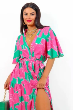 Fleur Damour - Green Pink Floral Midi Shirt Dress 12 Fleur Damour - Green Pink Floral Midi Shirt Dress -Glamoros Clothing Shop FLEURD AMOUR GreenPinkFloralMidiShirtDress7