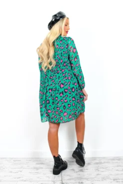Feeling Feisty - Jade Green Fuchsia Leopard Print Pleated Mini Dress -Glamoros Clothing Shop FeelingFeisty JadeGreenFuchsiaLeopardPrintPleatedMiniDress 1