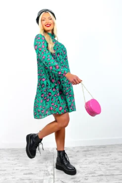 Feeling Feisty - Jade Green Fuchsia Leopard Print Pleated Mini Dress -Glamoros Clothing Shop FeelingFeisty JadeGreenFuchsiaLeopardPrintPleatedMiniDress 2