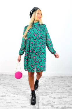 Feeling Feisty - Jade Green Fuchsia Leopard Print Pleated Mini Dress -Glamoros Clothing Shop FeelingFeisty JadeGreenFuchsiaLeopardPrintPleatedMiniDress 3