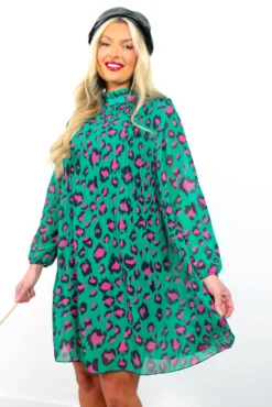 Feeling Feisty - Jade Green Fuchsia Leopard Print Pleated Mini Dress -Glamoros Clothing Shop FeelingFeisty JadeGreenFuchsiaLeopardPrintPleatedMiniDress 4