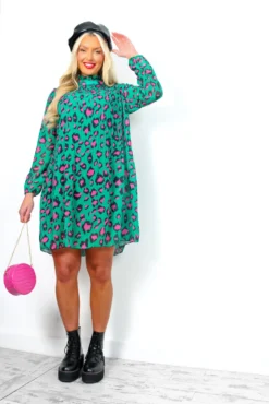 Feeling Feisty - Jade Green Fuchsia Leopard Print Pleated Mini Dress