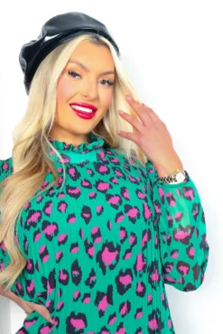 Feeling Feisty - Jade Green Fuchsia Leopard Print Pleated Mini Dress -Glamoros Clothing Shop FeelingFeisty JadeGreenFuchsiaLeopardPrintPleatedMiniDress 7
