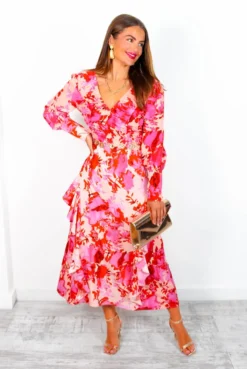 Feeling Flirty - Pink Peach Floral Ruche Detail Ruffle Midi Dress -Glamoros Clothing Shop FeelingFlirty PinkPeachFloralRucheDetailRuffleMidiDress 4