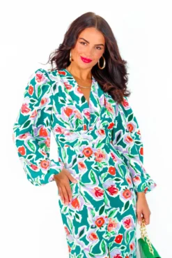 Feeling Smitten - Green Red Floral Midi Dress -Glamoros Clothing Shop FeelingSmitten GreenRedFloralMidiDress 3