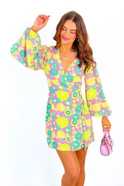 Glamorous First Love - Pink Green Floral Mini Wrap Dress -Glamoros Clothing Shop FirstLove PinkGreenFloralMiniWrapDress 5