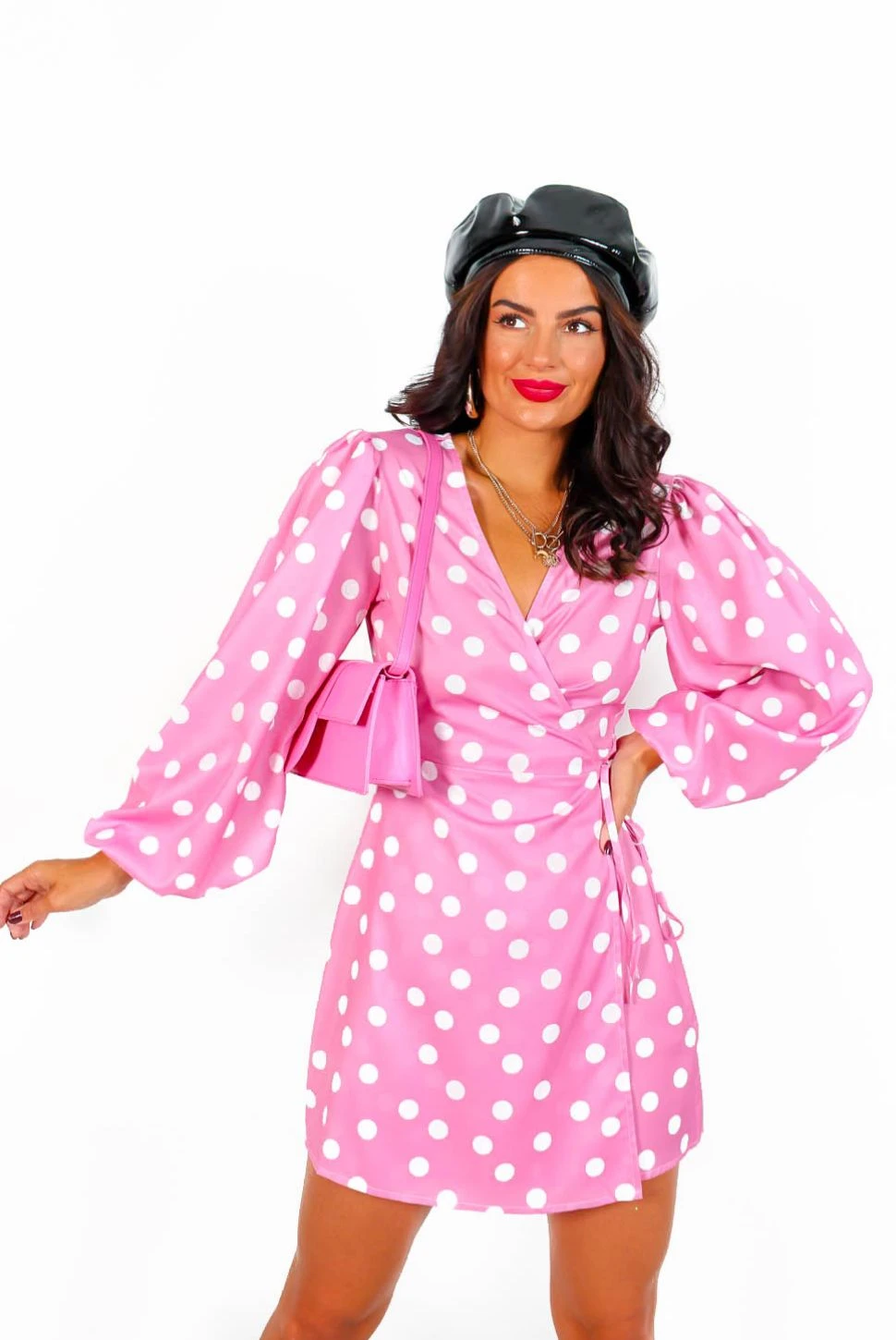 Glamorous First Love - Pink White Polka Dot Mini Wrap Dress 4 Glamorous First Love - Pink White Polka Dot Mini Wrap Dress - Image 4