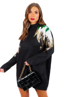 Flame Attraction - Black Green Sequin Knitted Jumper Dress
