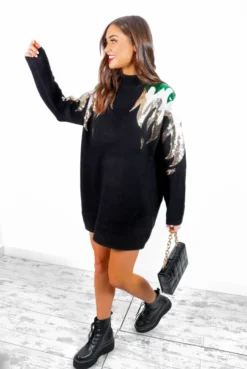 Flame Attraction - Black Green Sequin Knitted Jumper Dress 10 Flame Attraction - Black Green Sequin Knitted Jumper Dress -Glamoros Clothing Shop FlameAttraction BlackGoldSequinKnittedJumperDress3