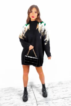 Flame Attraction - Black Green Sequin Knitted Jumper Dress 12 Flame Attraction - Black Green Sequin Knitted Jumper Dress -Glamoros Clothing Shop FlameAttraction BlackGoldSequinKnittedJumperDress5