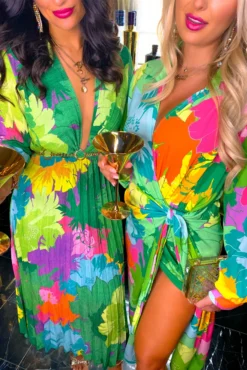 Flirty In Floral - Green Multi Pleated Midi Dress -Glamoros Clothing Shop Flirty In Floral Green Multi Pleated Midi Dress