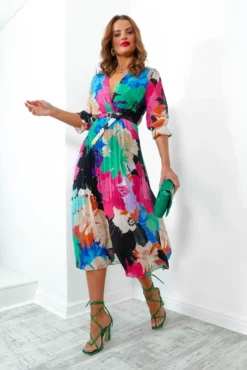 Flirty In Floral - Black Multi Pleated Midi Dress 9 Flirty In Floral - Black Multi Pleated Midi Dress -Glamoros Clothing Shop FlirtyInFloral BlackMultiPleatedMidiDress2